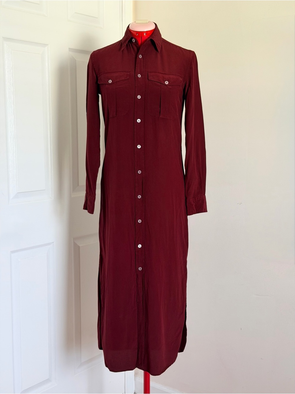 Lauren Ralph Lauren 100% Mulberry Silk Maxi Shirt Dress Burgundy Long Sleeve 0
